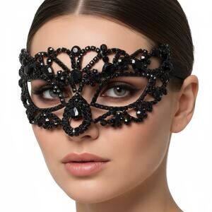 black rhinestone crystal masquerade eye mask Venetian filigree Mardi Gras Bling